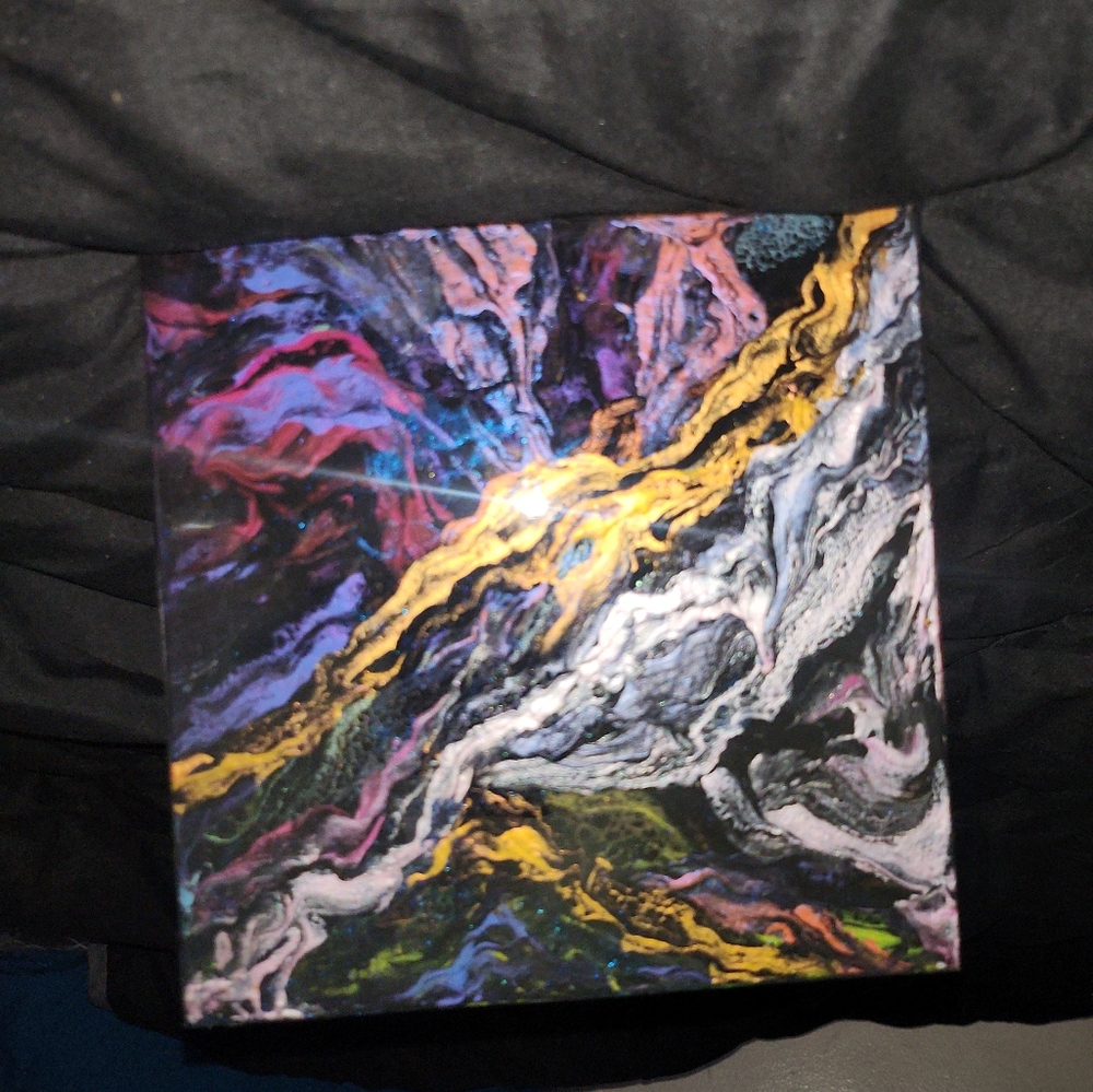 Original Abstract Pour Painting On Wood Glossy Resin Finish Dark Metallic 8"×8"